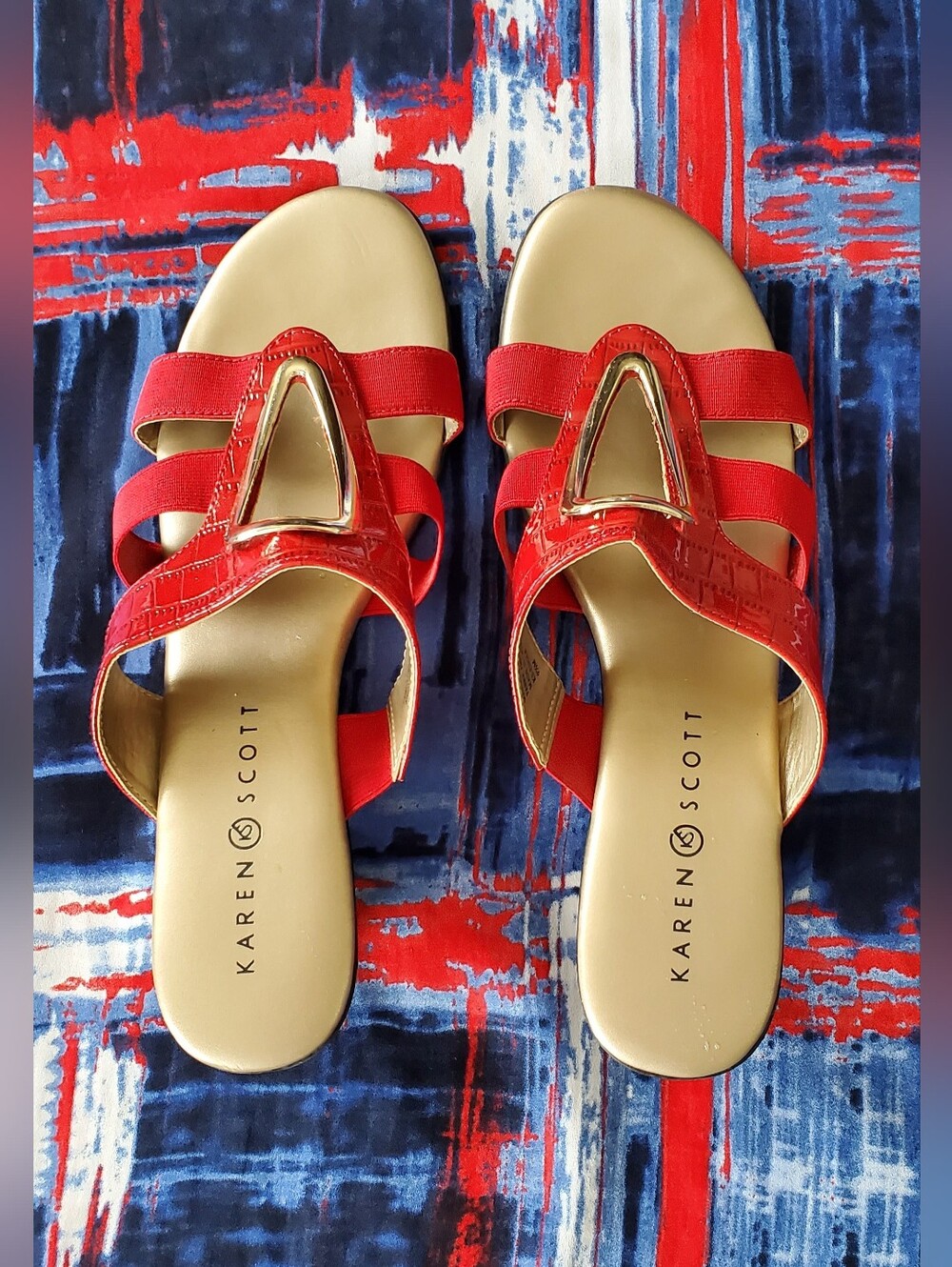 Karen Scott Red Slip-In Sandals with Gold Accent
